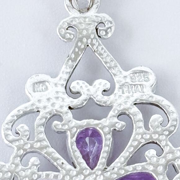 Vintage Sterling Silver Filigree Flower Marcasite Purple Cubic Zirconia Pendant - Picture 5 of 7